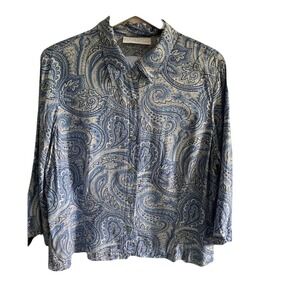 Liz Claiborne Button Front Blue Paisley Print Business Blouse Size Extra-Large